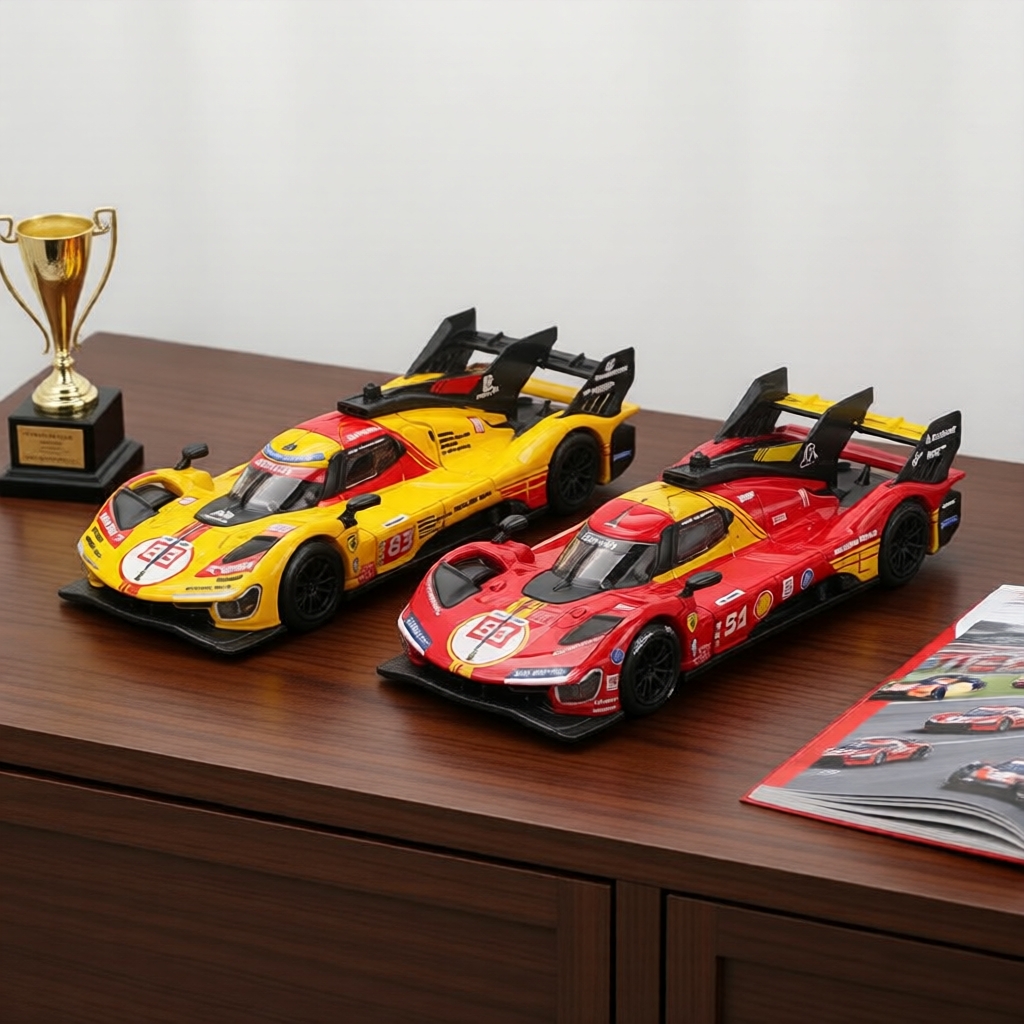 Ferrari 499P tỷ lệ 1:64 bằng kim loại đúc bởi Bburago, kèm hộp acrylic trong suốt, phù hợp làm quà t
