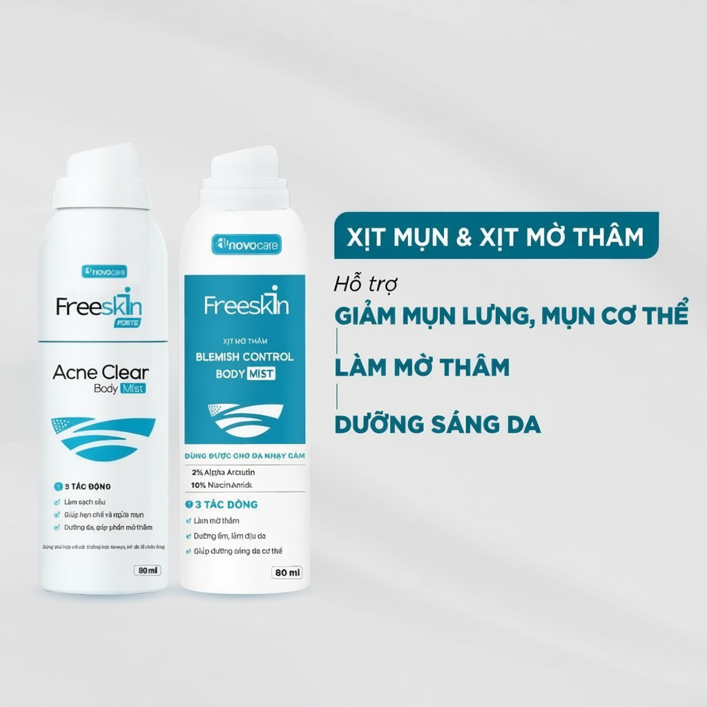 Combo Xịt mụn lưng, viêm nang lông & Xịt mờ thâm mụn lưng Novocare - Freeskin hỗ trợ giảm mụn, giảm 