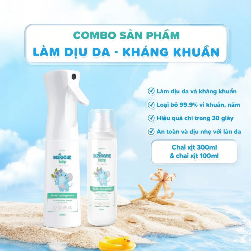 [COMBO] Xịt kháng khuẩn DIZIGONE Baby 100ml & 300ml: Xịt tay chân, đồ dùng cho bé
