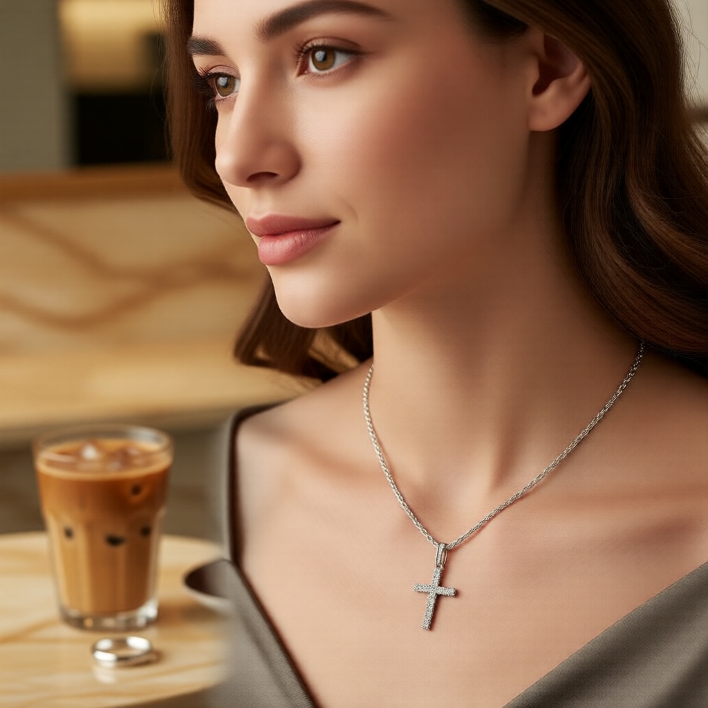 Dây chuyền bạc nữ Bahia 1 sợi, mặt thánh giá đính đá rhinestone lấp lánh