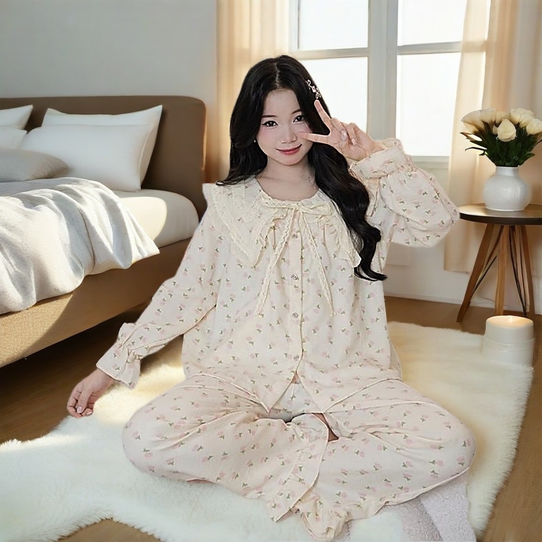 Đũi hàn dài tay bộ ngủ dài tay nữ tiểu thư cổ nhọn bèo vải đũi mùa hè mặc đi ngủ mát mẻ thoải mái Women Quần Ngủ Áo Ngủ