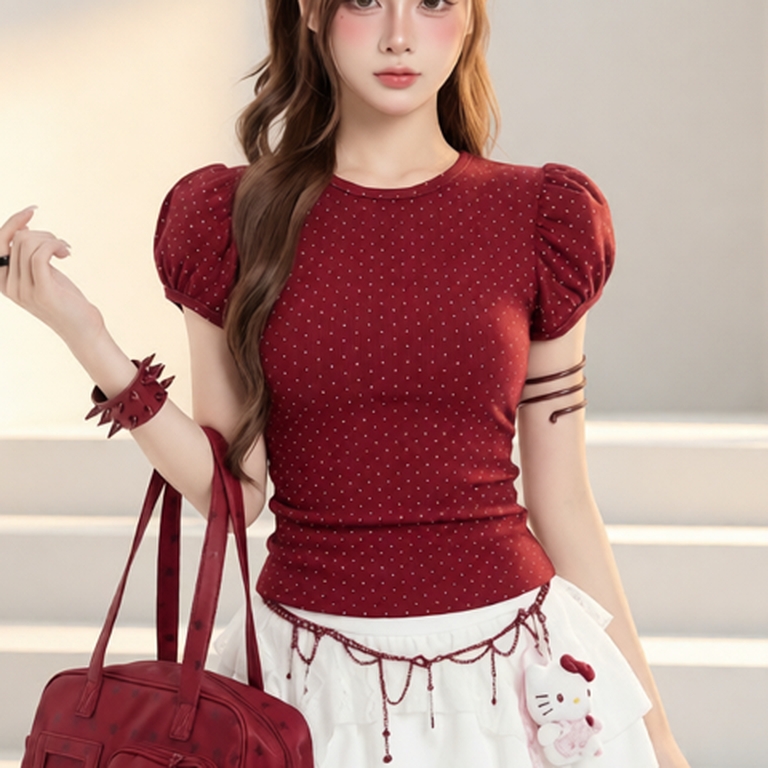 Áo Thun Nữ Chấm Bi Nhỏ Kiểu Tay Ngắn Phồng PINKSTORE29 Nhún Eo Phong Cách Basic A51491