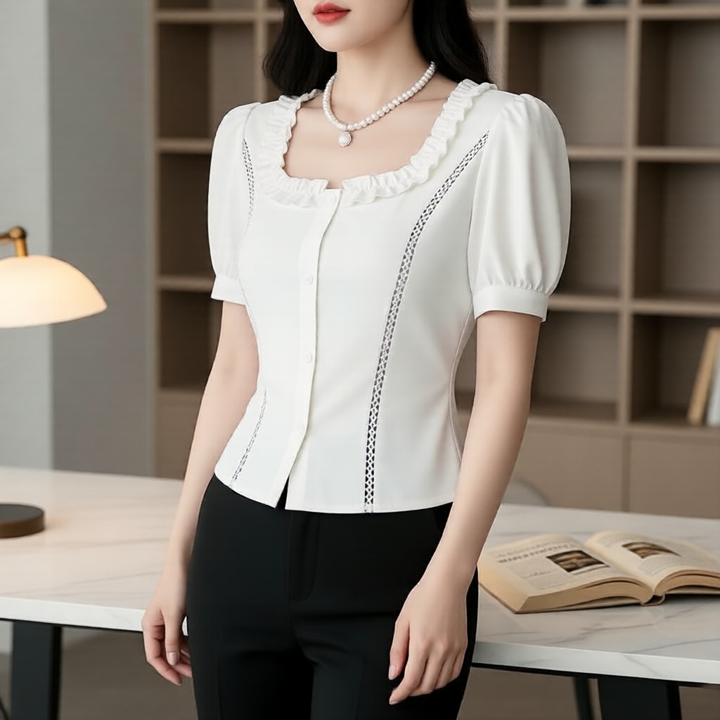 Áo sơ mi Lovito tay bèo cài nút cổ điển cho nữ (trắng, xuân/hè)