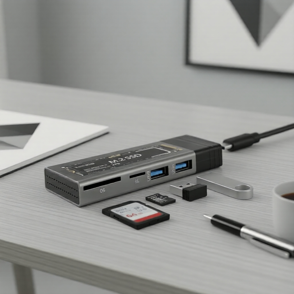 Vỏ ổ cứng SSD 2026 USB‐C NVMe/SATA, chuẩn M.2 NGFF hai giao thức, 2 cổng USB, đọc thẻ TF/SD, dock hu