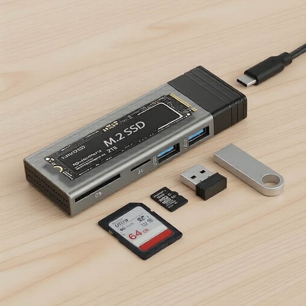 2026 M.2 NVMe/NGFF SSD Enclosure, USB‐C Hub, Giao thức kép, 2 cổng USB, Đầu đọc thẻ TF/SD, Dock Type
