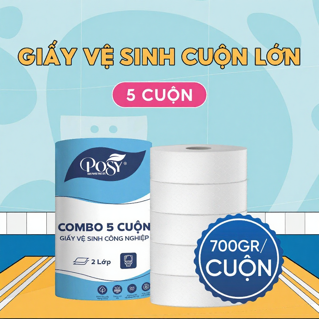 POSY-S4-GVS VĂN PHÒNG -COMBO 5 CUỘN GVS POSY công nghiệp 700gr 2 lớp, mềm mịn, nhẹ diu, giấy vệ sinh