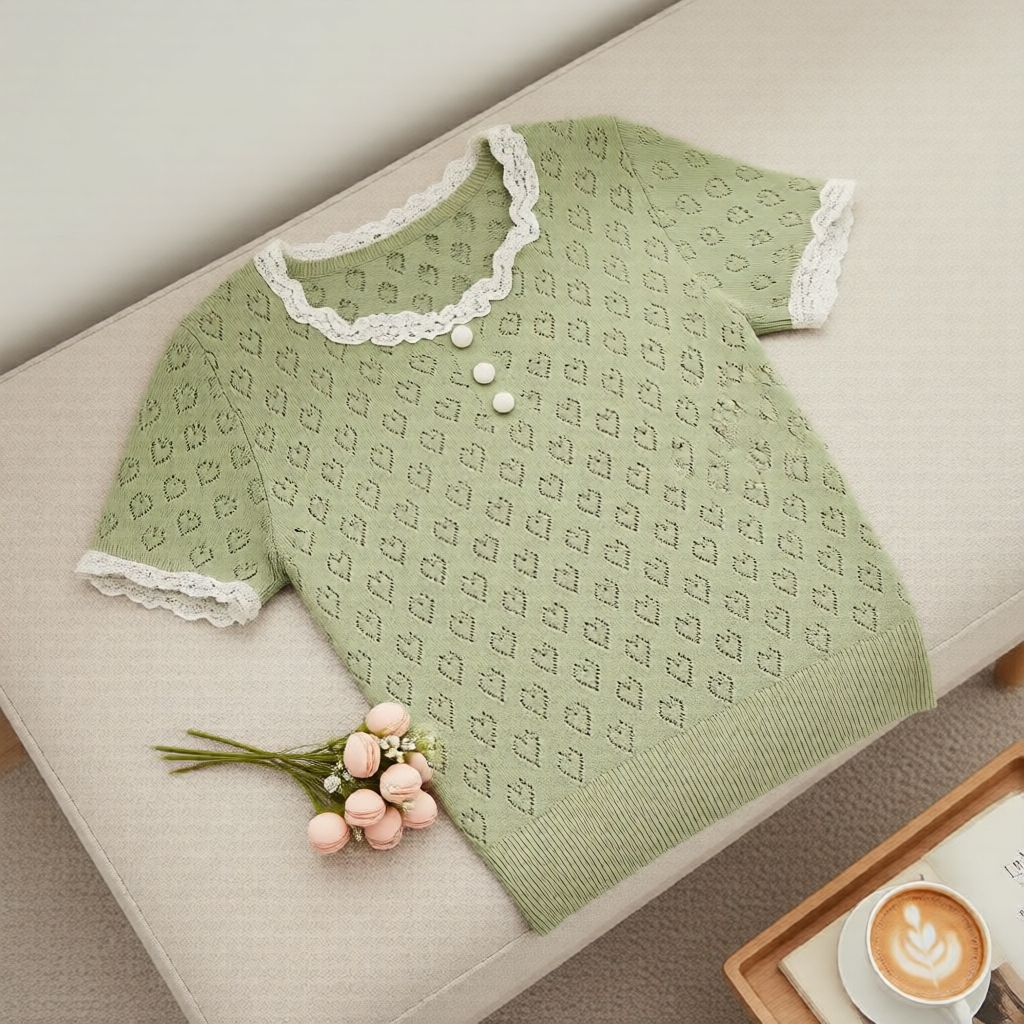 Cocoshop Áo kiểu mùa hè viền ren cutout, cổ tròn cài cúc, tay ngắn thoáng mát trẻ trung
