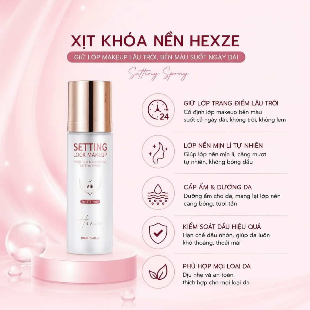 [Võ HÀ LINH X HEXZE]  Xịt Khóa Nền HEXZE 100ml – Giữ Lớp Makeup Lâu Trôi, Kiềm Dầu & Cấp Ẩm Tự Nhiên