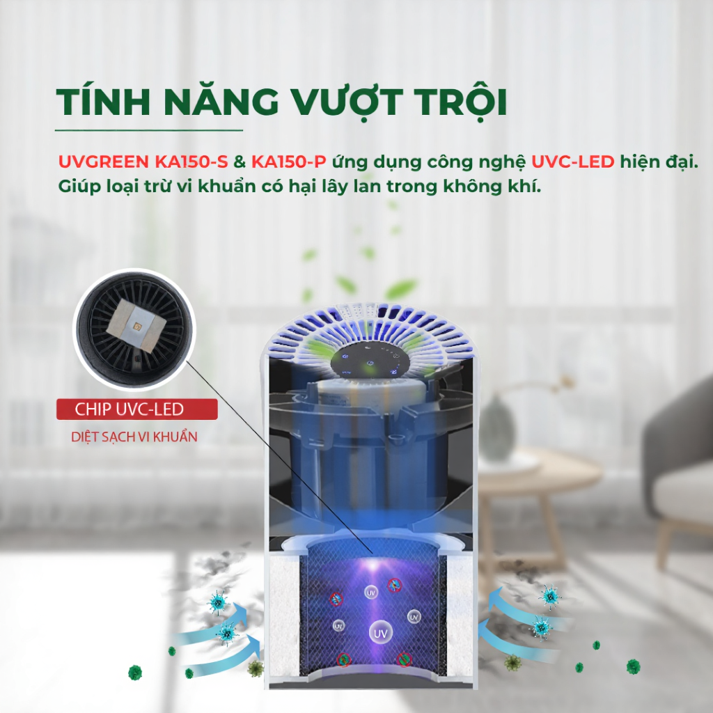 [UVG] Máy Lọc Không Khí Diệt Khuẩn UVGREEN KA150 15m2, Công Nghệ UVC LED, Lọc Bụi Mịn, Xông Tinh Dầu