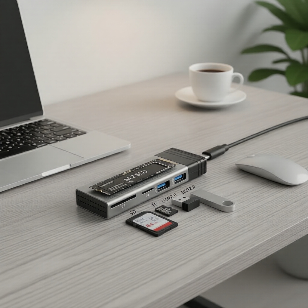 2026 Vỏ ổ cứng M.2 2 cổng USB, hỗ trợ NVMe/NGFF, đầu đọc thẻ SD/TF, dock hub Type‐C cho MacBook