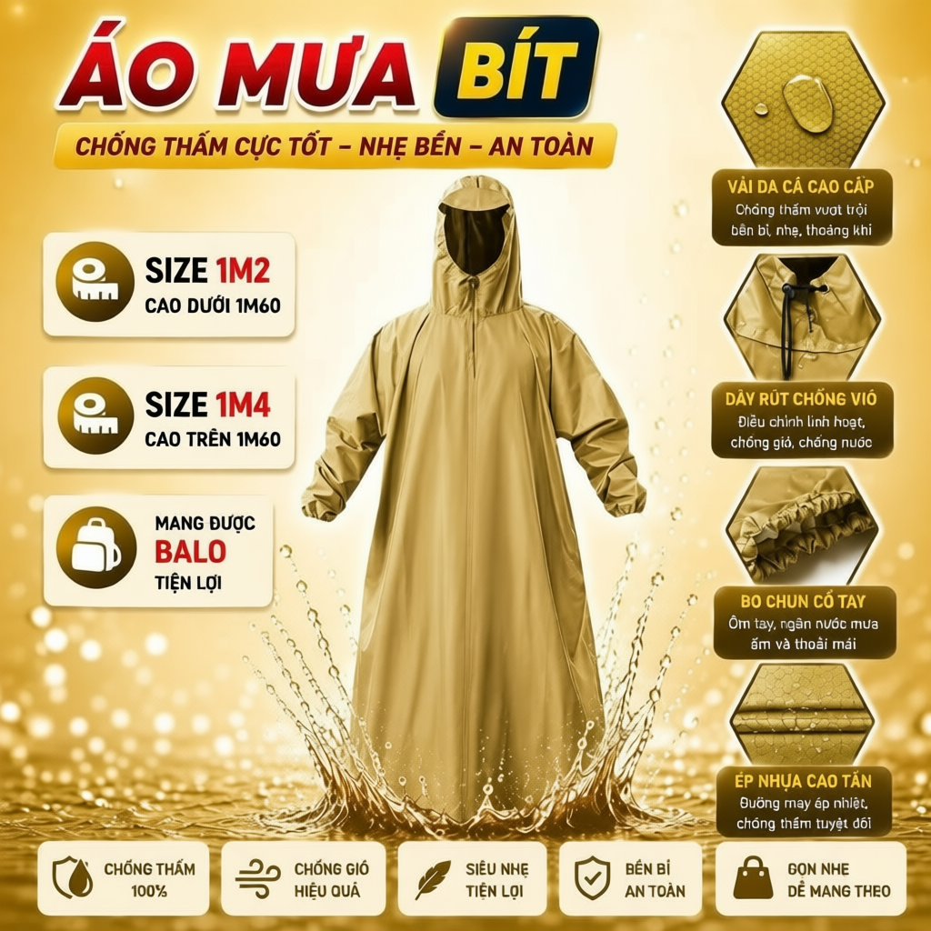 Áo mưa vải dù tổ ong chống thấm nước tuyệt đối, nhiều màu sắc