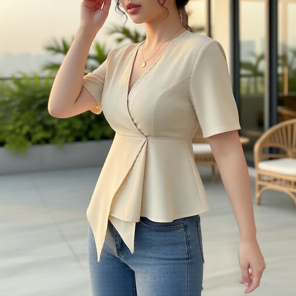 Lovito Áo sơ mi trắng ngà kiểu lệch vai xếp ly L138AD845