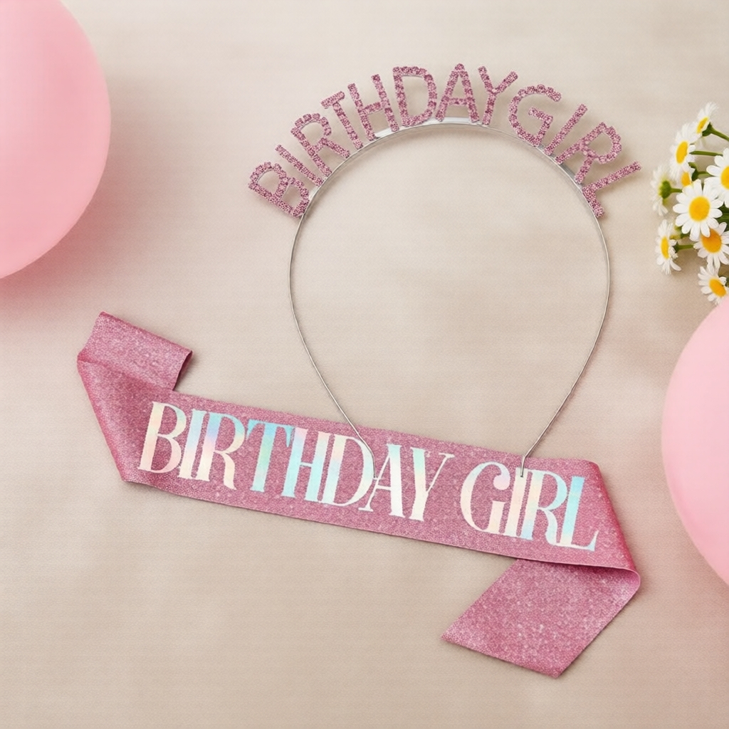Bộ Sash & Vương miện Birthday Girl – Sash nhũ vàng kèm băng đô Happy Birthday