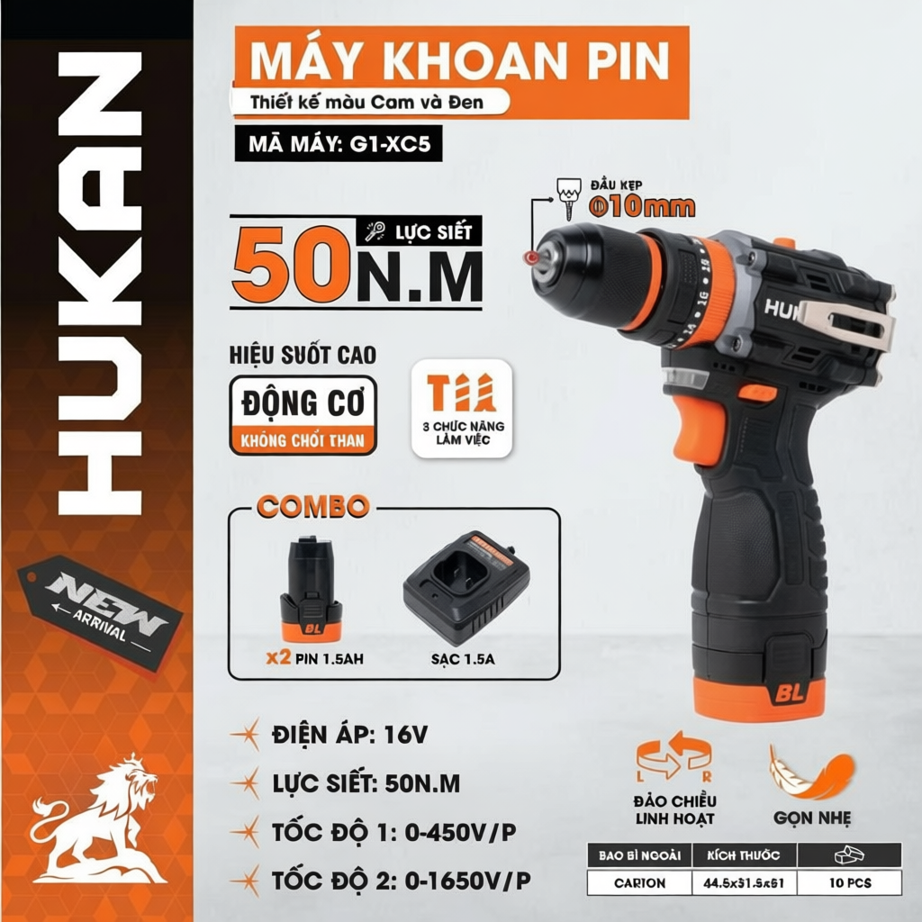 Bộ máy khoan pin HUKAN G3-N70, Lực siết 70Nm 3 Chức năng - Chống lật cổ tay, Tạo xung - Không than