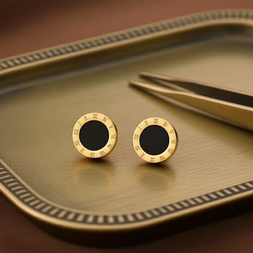 Bông tai vòng tối giản mạ vàng 18K thép titan số La Mã
