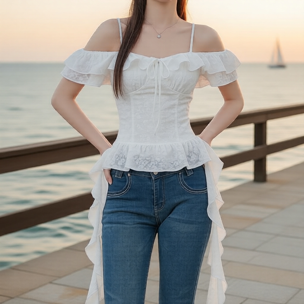 Áo sơ mi ren trắng viền bèo cho nữ Lovito xuân/hè
