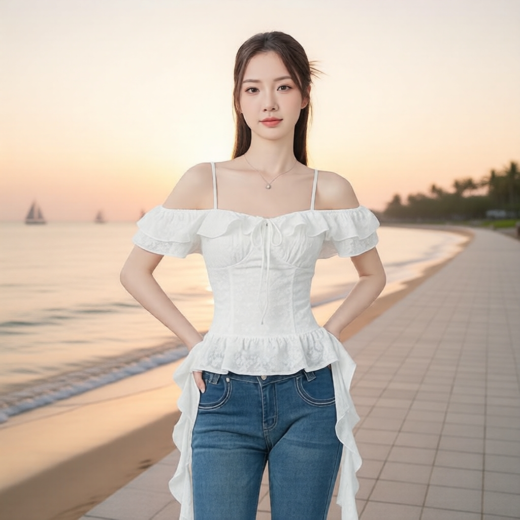 Áo sơ mi nữ Lovito trắng ren tay loe mùa xuân hè