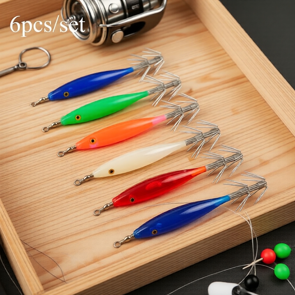 Mồi mực phát sáng Squid Jig Lure, mồi tôm mini rực rỡ dùng câu cá mực và cá kiếm ở nước mặn