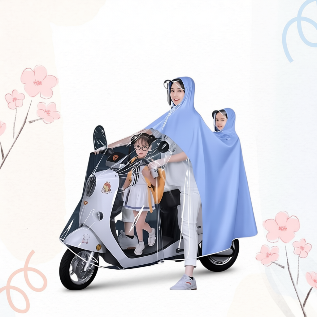 Áo mưa trong suốt che phủ toàn thân cho mẹ và bé kèm kính chắn mưa, vải dù siêu nhẹ chống thấm tốt ( Chính Hãng )