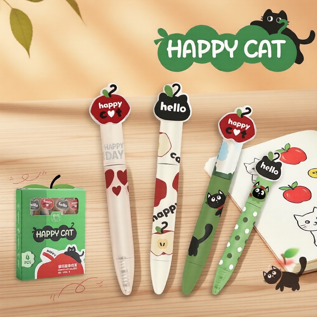 Bộ bút gel mèo Happy Cat 4 chiếc – Ngòi 0.5mm, mực đen khô nhanh, mini nam châm sáng tạo C3202