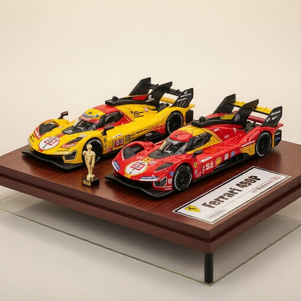 Bburago 1:64 Ferrari 499P Mô hình đúc khuôn với đế trưng bày acrylic, xe sưu tập