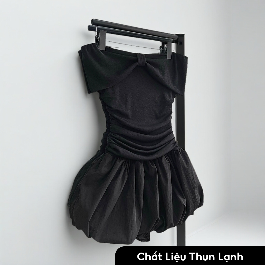 Váy Trễ Vai Nơ Thun Lạnh Thiết Kế Nhún Eo Tôn Dáng Có Lót Quần Bảo Hộ - Hinana Dress