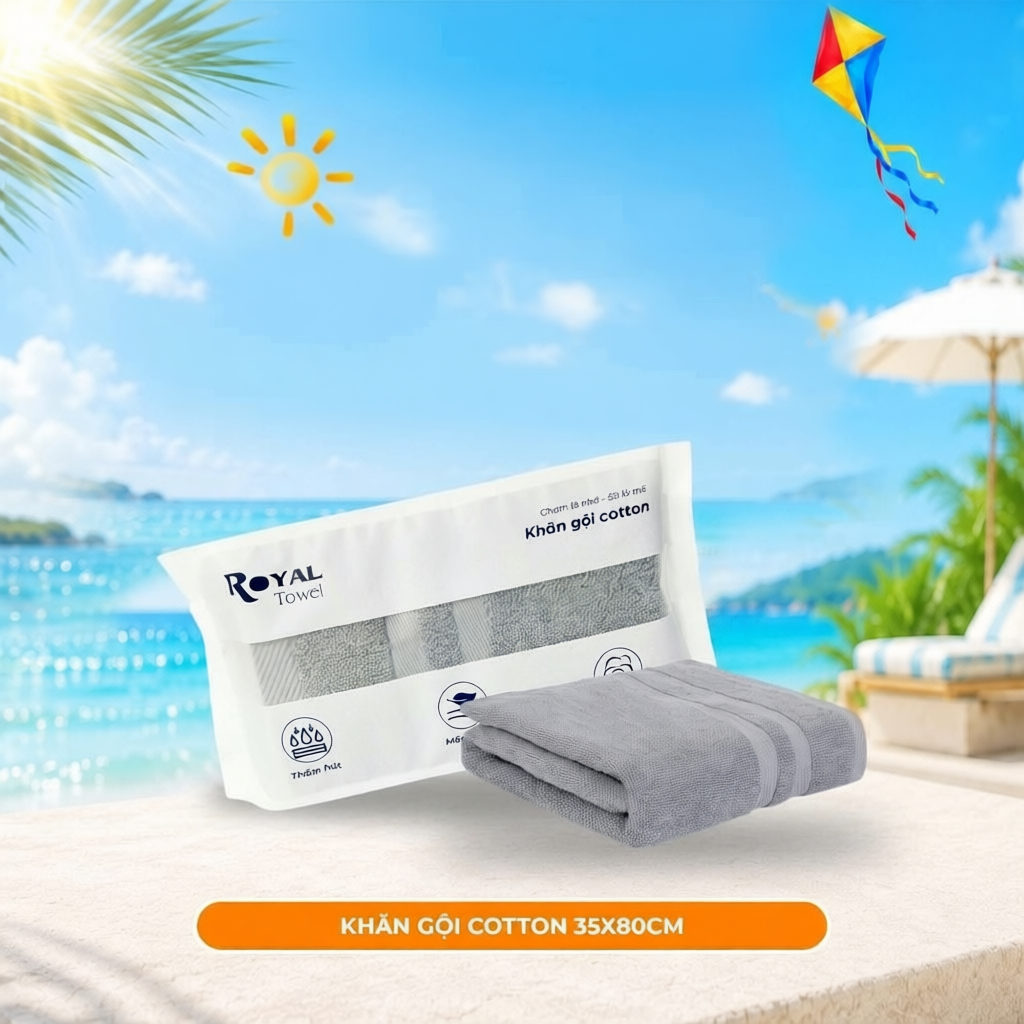 Khăn Gội Royal Towel 35x80cm 100% Cotton Mềm Mại, Thấm Hút, Kháng Khuẩn