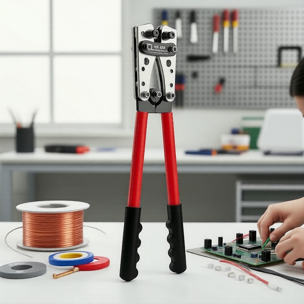Bộ dụng cụ ép cos dây cáp ắc quy với kìm cắt cáp, 60 đầu cos và ống co nhiệt cho dây 6-50mm2 AWG 8-1