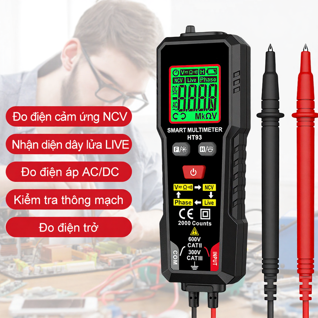 Máy Đo Điện Áp Đa Năng HABOTEST HT93 – Đồng Hồ Vạn Năng Kỹ Thuật Số 2000 Counts 600V AC/DC Có Cảm Bi