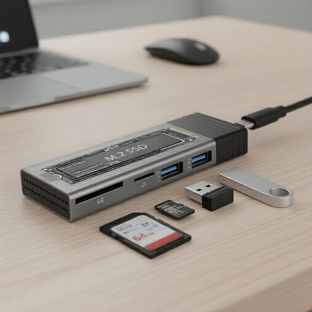 2026 M.2 NVMe/NGFF SSD, vỏ bọc ổ cứng, Dock Hub USB‐C, giao thức kép, 2 cổng USB, đầu đọc SD/TF, bộ 