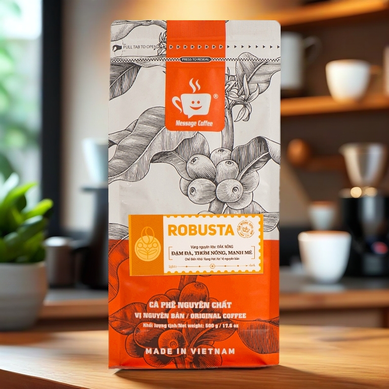 Cà phê Robusta nguyên chất rang mộc 100% vị truyền thống đậm đà thơm nồng cafe pha phin ngon gói 500gr từ Message Coffee