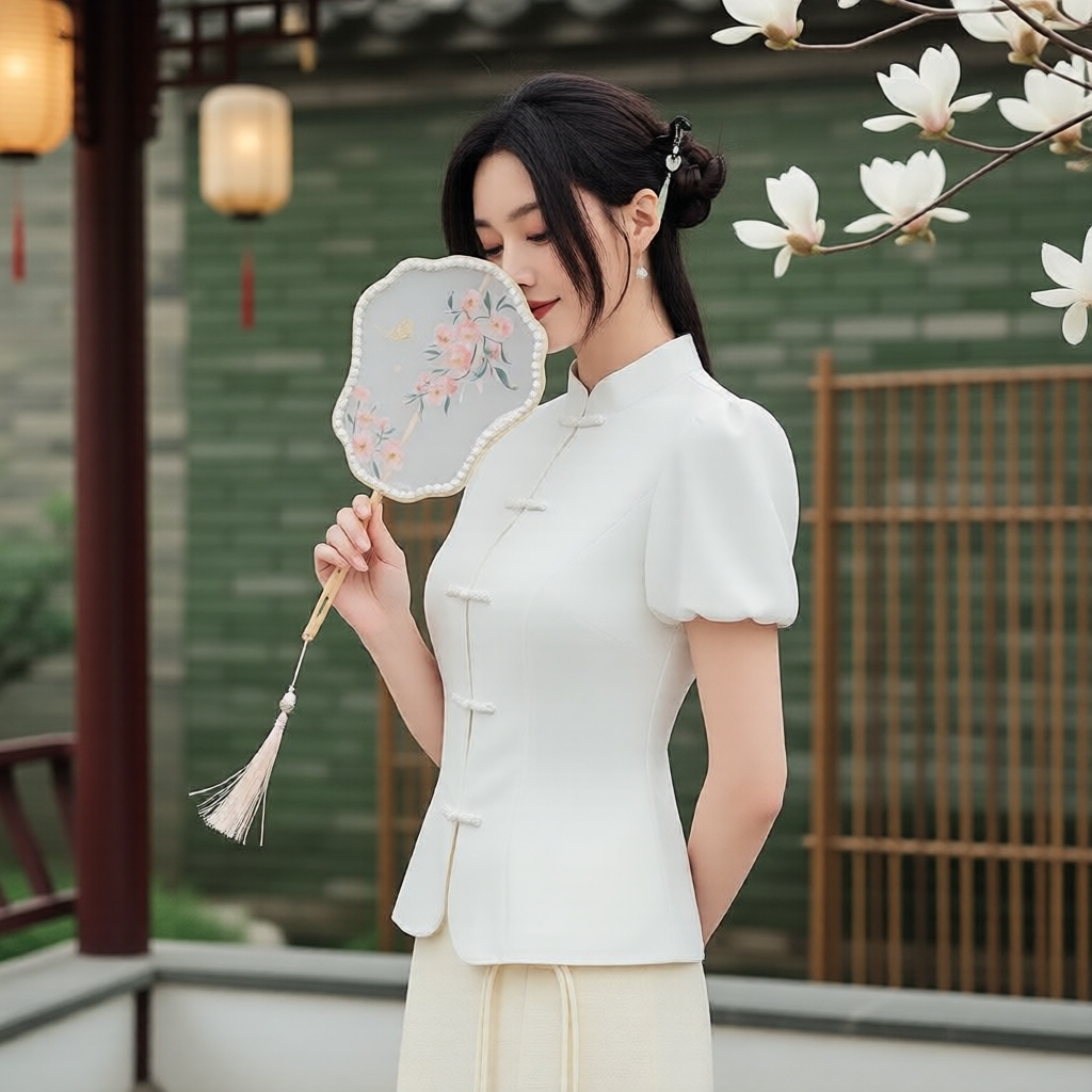 Áo sơ mi nữ Lovito trắng, kiểu dáng Qipao, phù hợp đi làm & du lịch