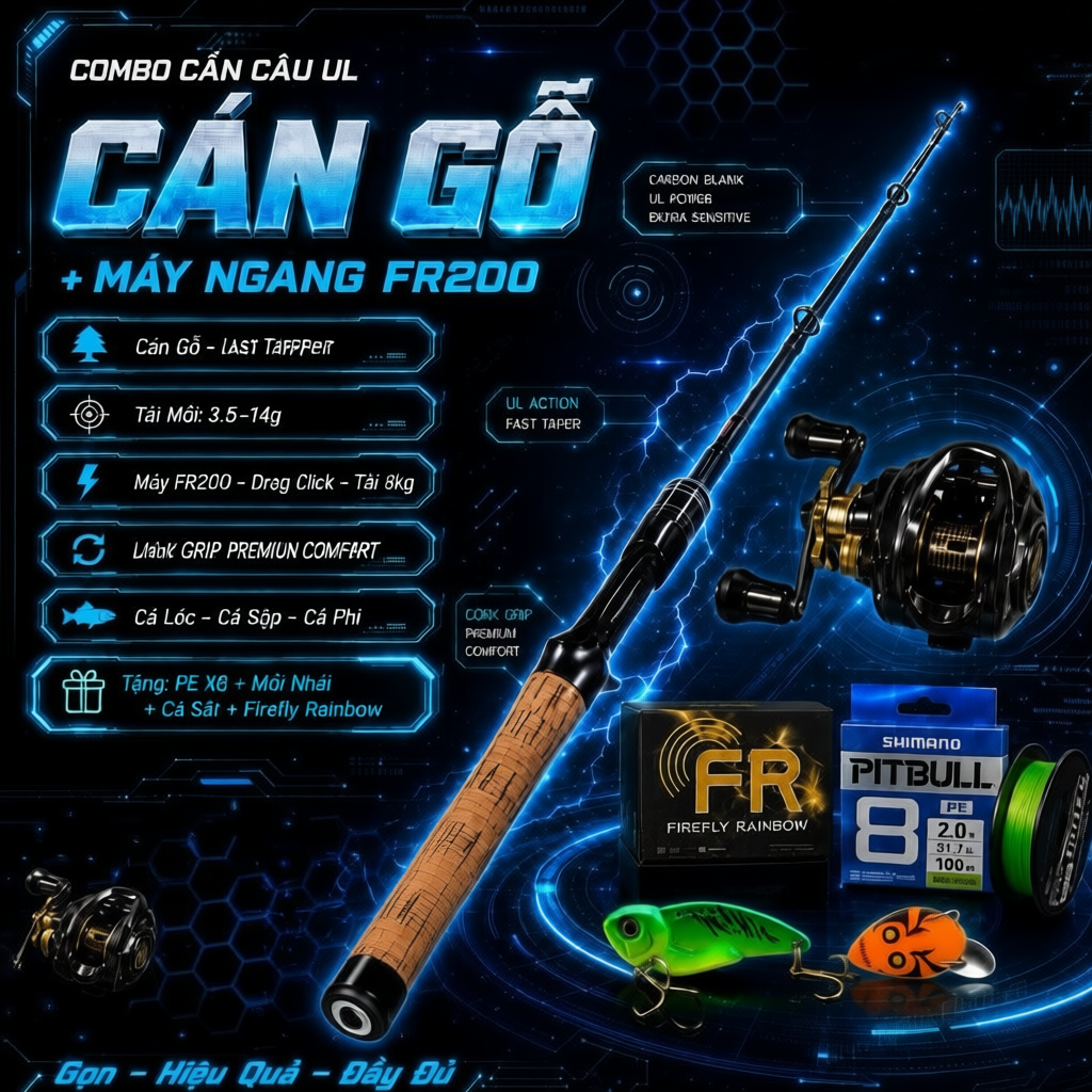 Combo Cần Câu UL Cán Gỗ + Máy Ngang FR200