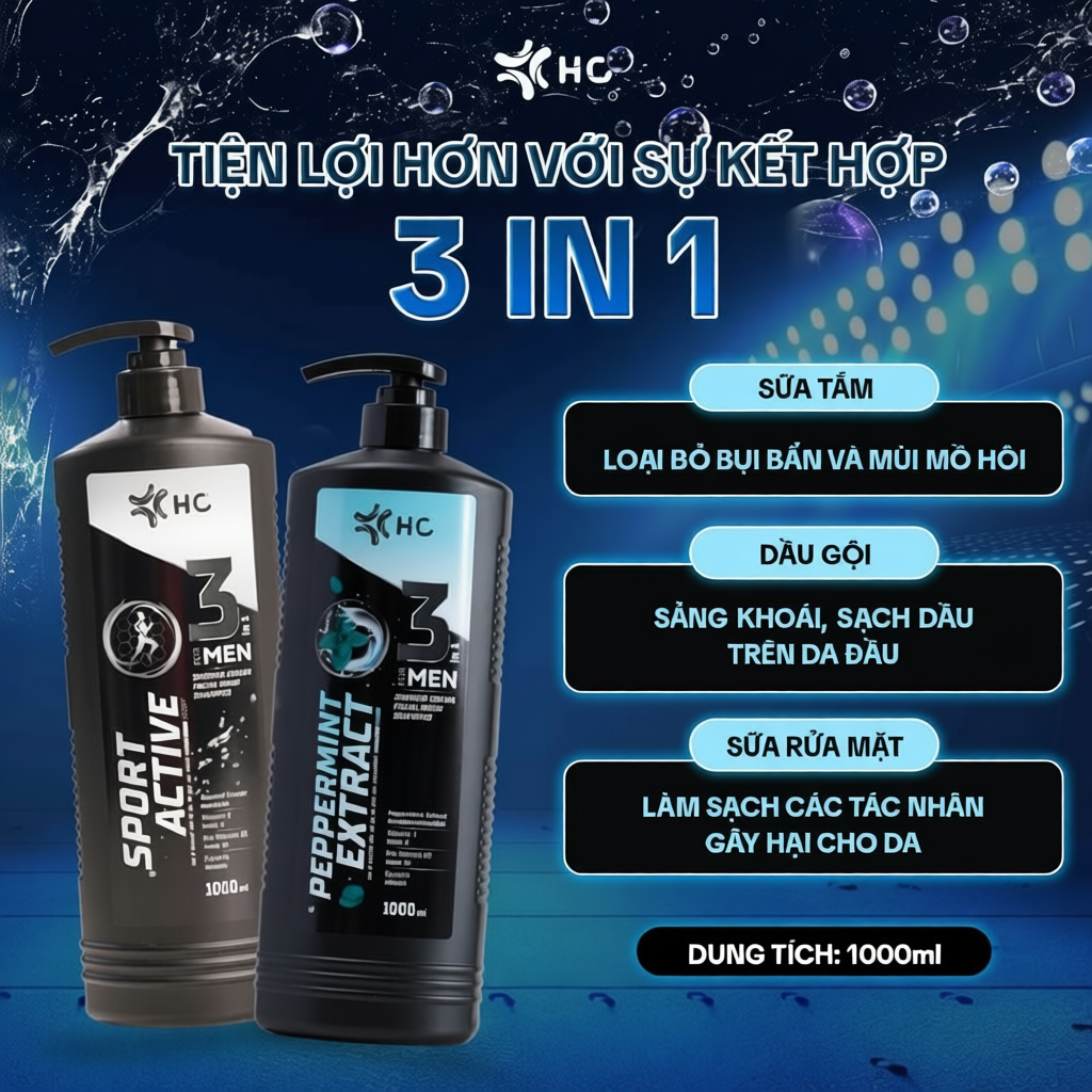 Sữa Tắm Gội Rửa Mặt 3in1 Nam HC For Men 1000ml - Hương Nước Hoa Nam Tính - Hàng Chính Hãng Thái Lan