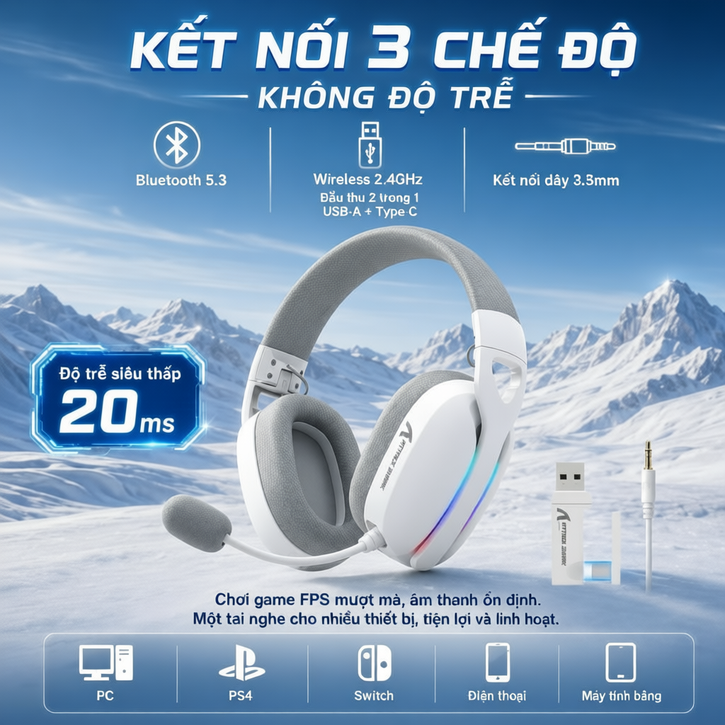 Tai Nghe Gaming Chụp Tai Không Dây Attack Shark L90 LED RGB Micro, Bluetooth 5.3, App Macro, Pin Sạc