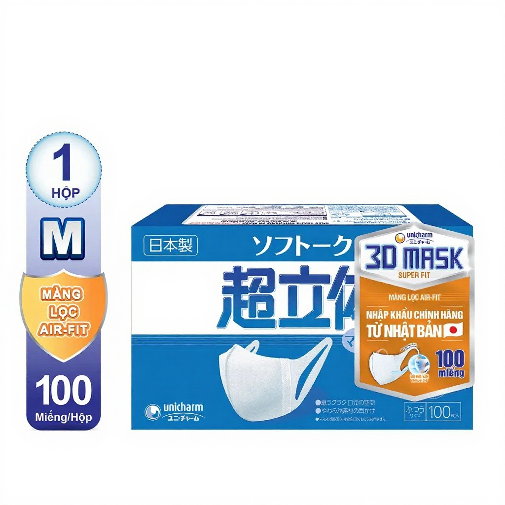 Khẩu trang Unicharm 3D Mask Super Fit siêu thoáng khí hộp 100 miếng