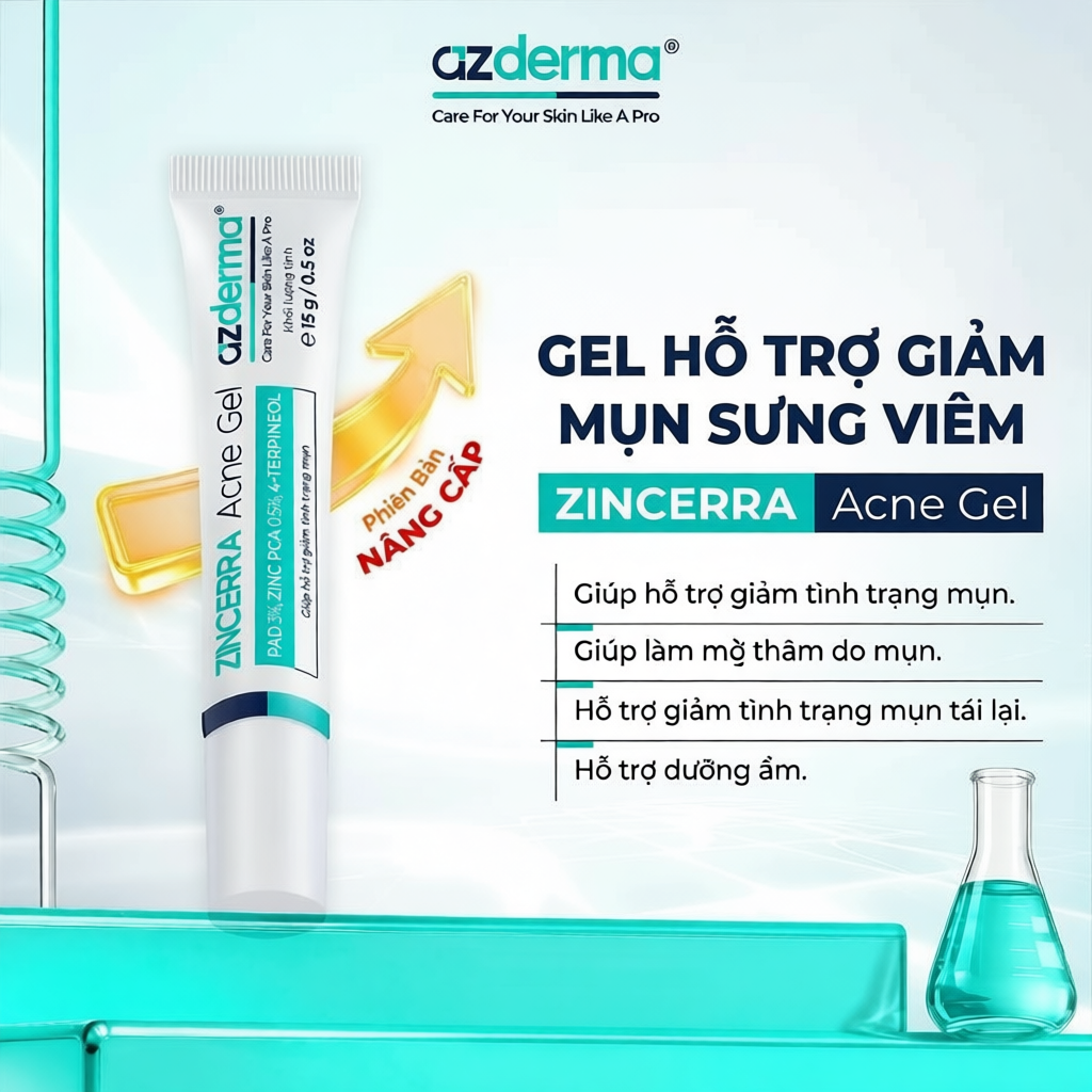 Gel hỗ trợ giảm mụn sưng viêm Azderma Zincerra Acne Gel 15g