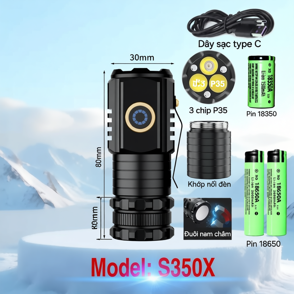 Đèn pin mini siêu sáng s400 tiện gọn cầm tay, cài mũ đội đầu, hút nam châm, chống nước