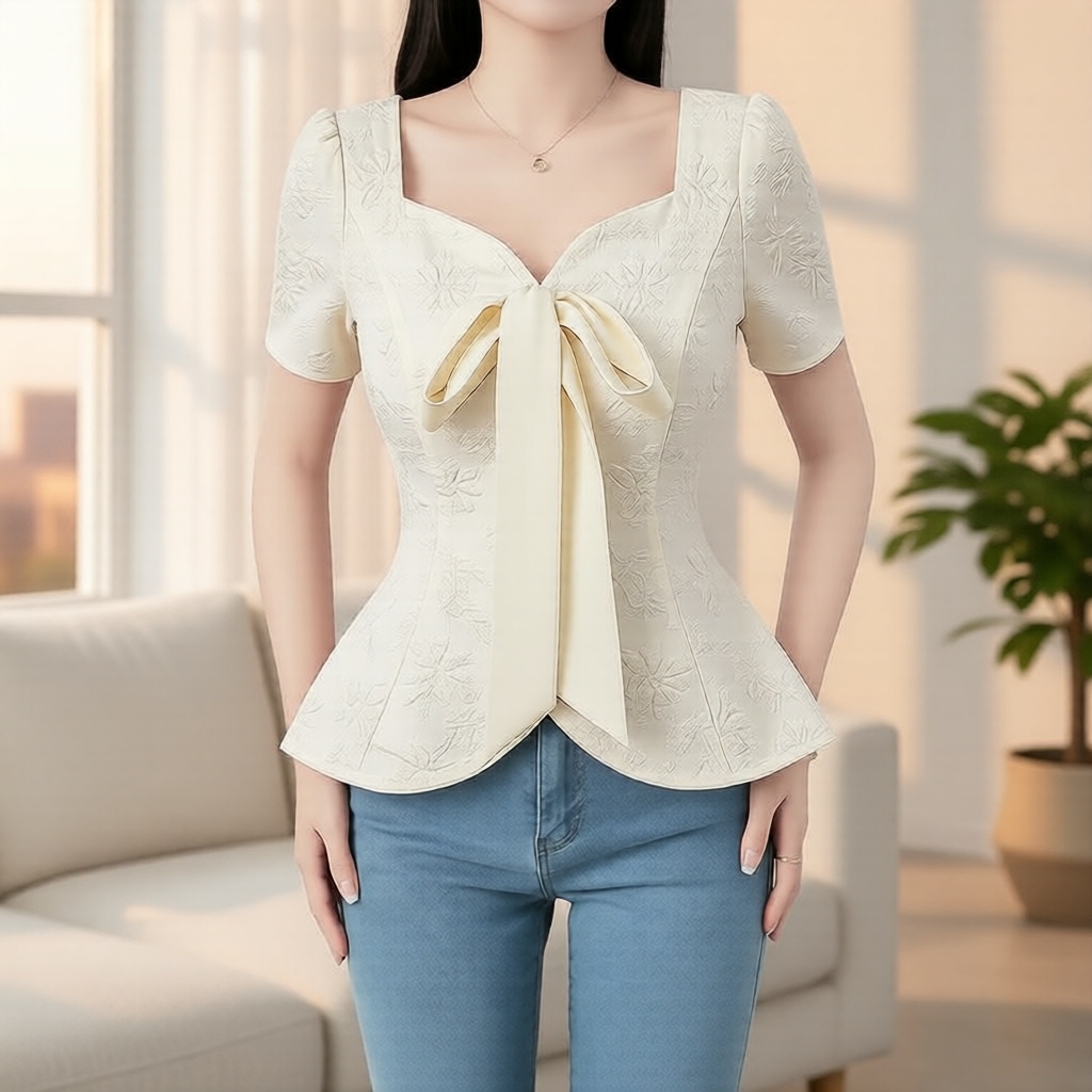 Áo sơ mi trắng nơ thanh lịch nữ, Lovito mùa xuân hè LR35E036