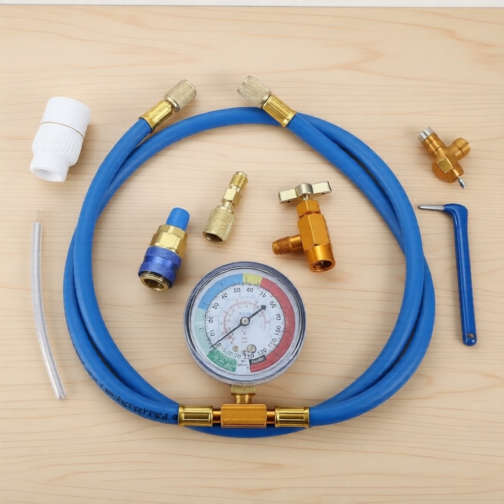 Bộ nạp gas lạnh tự động R134A: Ống 59'' kèm đồng hồ, đầu nối 1/2'' cái R134A, bộ phân phối gas lạnh 