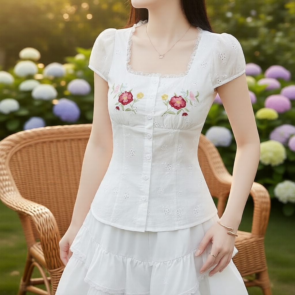 Áo kiểu ren trắng mùa xuân hè Lovito, áo sơ mi phong cách nghỉ dưỡng