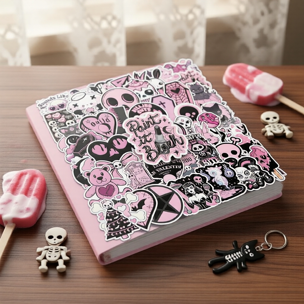 Bộ 250 Sticker Đầu Lâu Đen Hồng Gothic Phong Cách Cổ Điển (Aesthetic Black Pink Gothic Skull Sticker