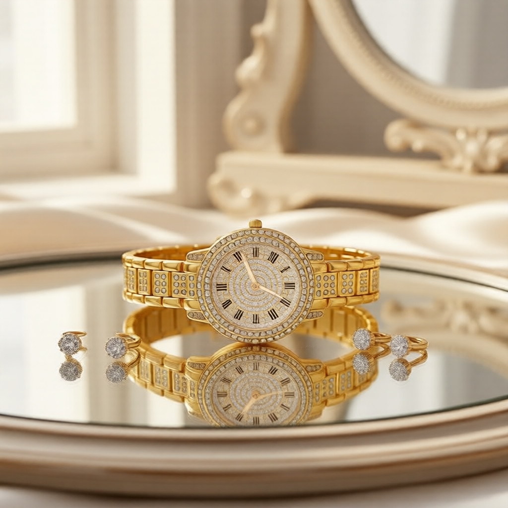  Bộ 5 món Đồng hồ nữ thời trang mặt đá rhinestone & trang sức, không kèm hộp