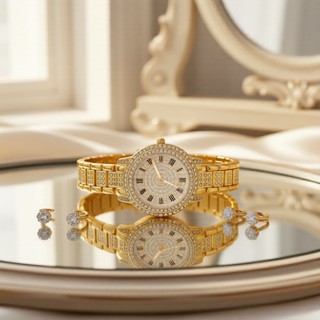  Bộ 5 món Đồng hồ nữ thời trang mặt đá rhinestone & trang sức, không kèm hộp