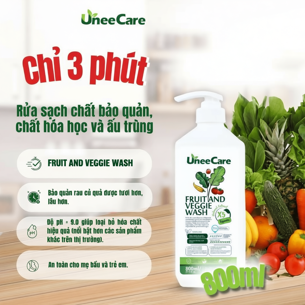 Combo 2 chai nước rửa rau củ quả Unee Care 800ML x2 - Làm sạch vi khuẩn và hóa chất