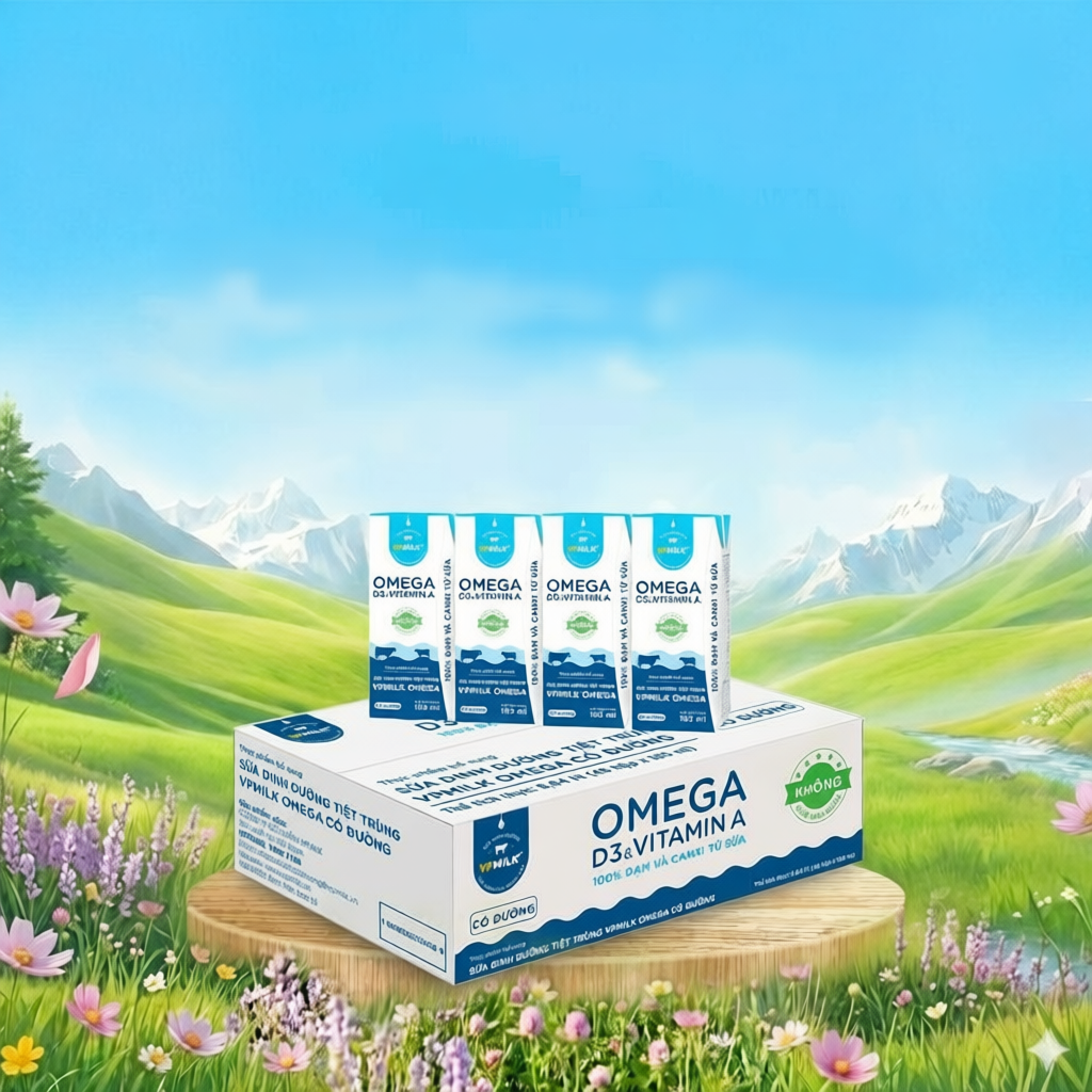 Sữa Dinh Dưỡng Tiệt Trùng VPMilk Omega Có Đường dạng hộp 180ml (thùng 48 hộp)
