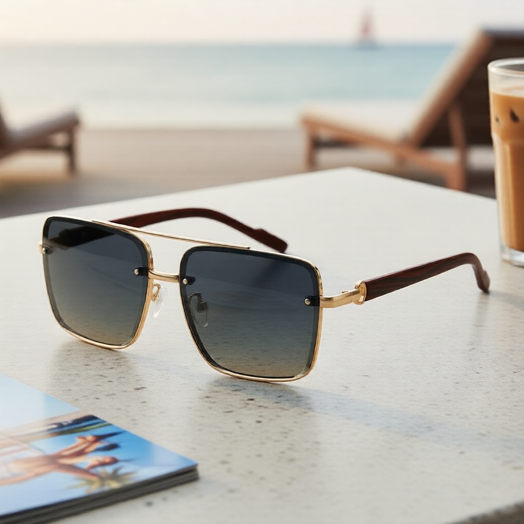 Kính mát gọng gỗ vân gỗ unisex - Kiểu dáng vuông cổ điển hai cầu