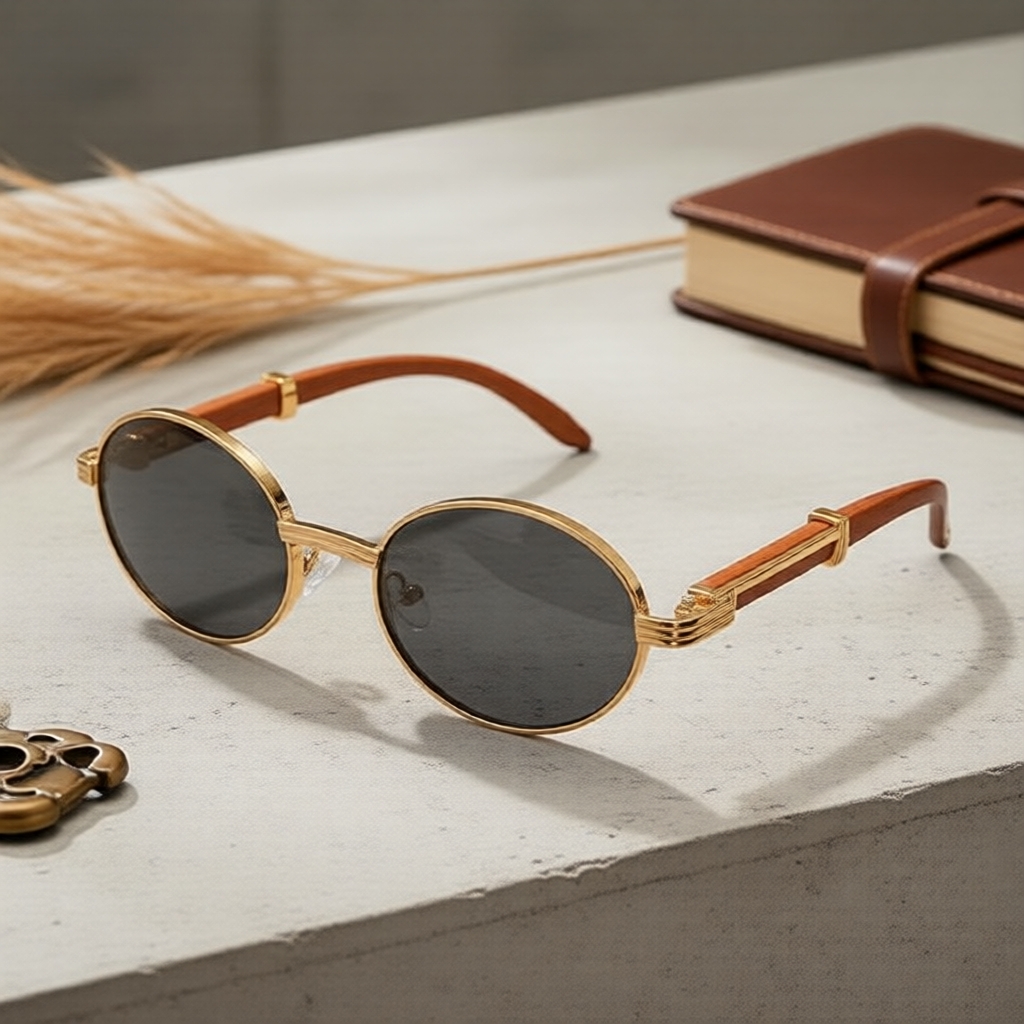 Kính mắt nữ gọng kim loại kiểu dáng Oval cổ điển màu đen, gọng giả vân gỗ