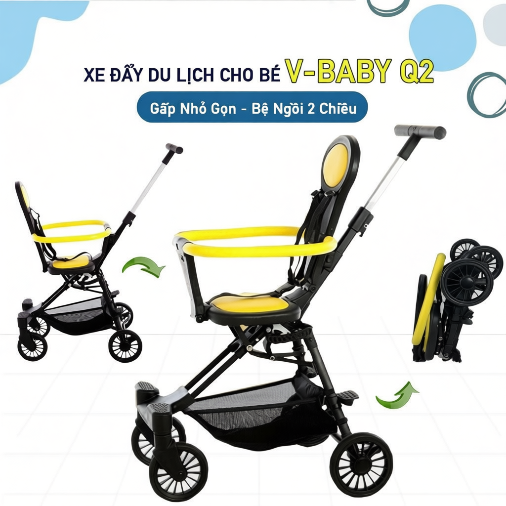 Xe Đẩy Cho Bé Đổi Chiều Gấp Siêu Gọn Có Dây Đai An Toàn Bảo Vệ Bé V-BABY Q2
