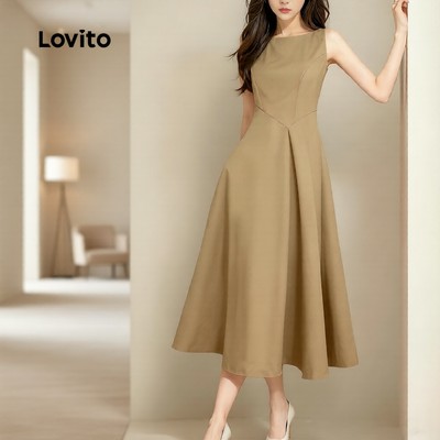 Lovito thanh lịch Váy công sở xếp ly không đều mùa Xuân/Hè màu kaki nữ tính L171ED1019